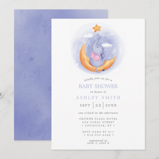 Elephant Måne Watercolor Whimsical Baby Shower Inbjudningar (Fram/baksida)