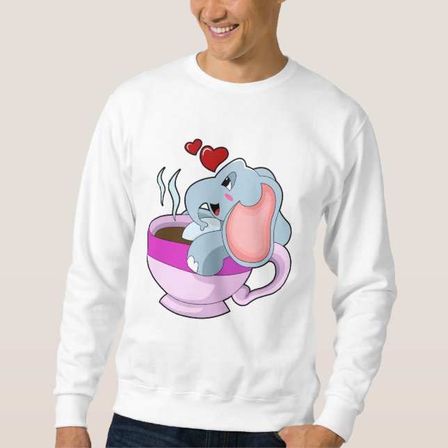 Elephant med Kaffe Kopp Lång Ärmad Tröja (Framsida)