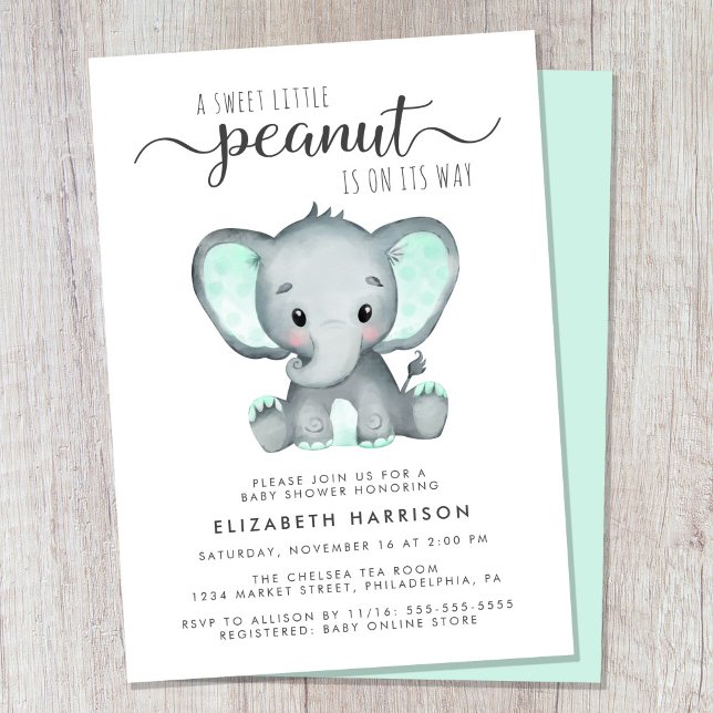 Elephant Mint Grönt Watercolor Baby Shower Inbjudningar (Cute gender-neutral baby shower invitation)