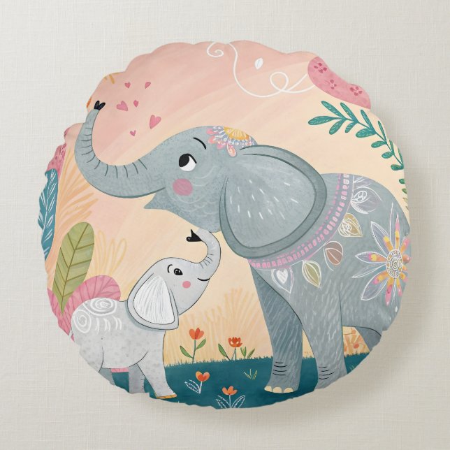 Elephant Mom and Baby Rund Kudde (Framsidan)