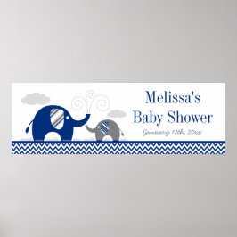 Elephant Navy Blue Grått Baby Shower Banner Poster