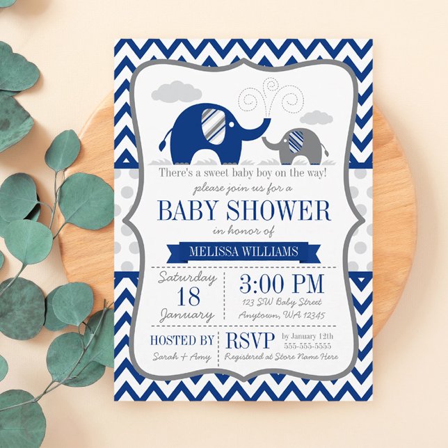 Elephant Navy Blue Grått Baby Shower Inbjudningar (Skapare uppladdad)