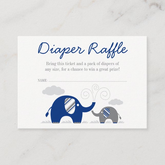 Elephant Navy Blue Grått Diaper Raffle Biljett Tilläggskort (Framsida)