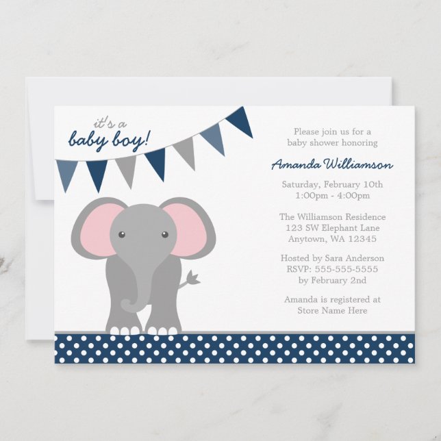 Elephant Navy Polka Dot Banner Boy Shower Inbjudningar (Framsida)