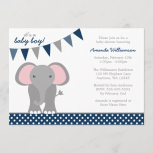 Elephant Navy Polka Dot Banner Boy Shower Inbjudningar