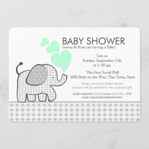 Elephant Neutralt Mint och Grått Gingham Baby Show Inbjudningar