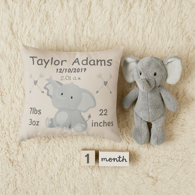 Elephant Nursery Room Décor Baby Birth Stats Kudde (Skapare uppladdad)