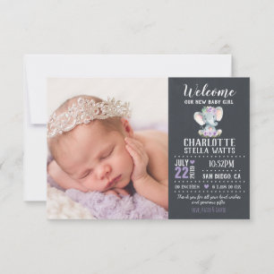 Elephant Nyfödd bebis Girl Chalkboard Photo Birth Meddelande