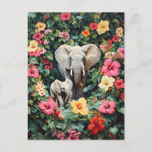 Elephant och Calf Hibiscus Flowers Vykort