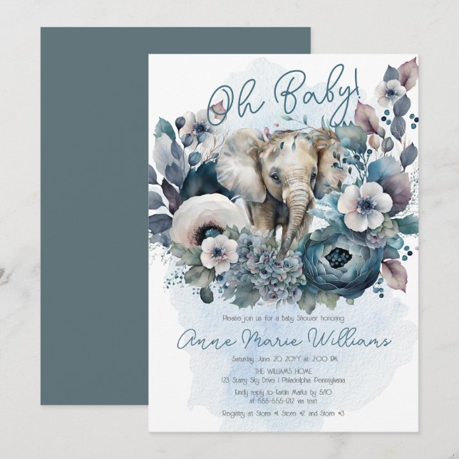 Elephant Oh Baby blue Blommigt Baby Shower Inbjudningar (Fram/baksida)