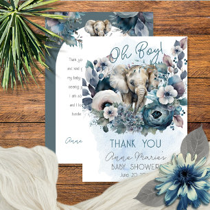 Elephant Oh Boy Blue Blommigt Baby Shower Tack Kort