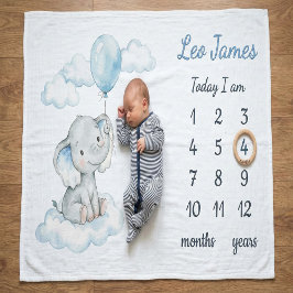 Elephant on Cloud Personalized Boy Milestone Baby  Fleecefilt