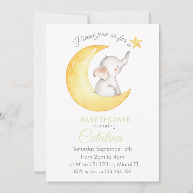 Elephant on Moon Baby Shower Invitation Inbjudningar (Framsida)