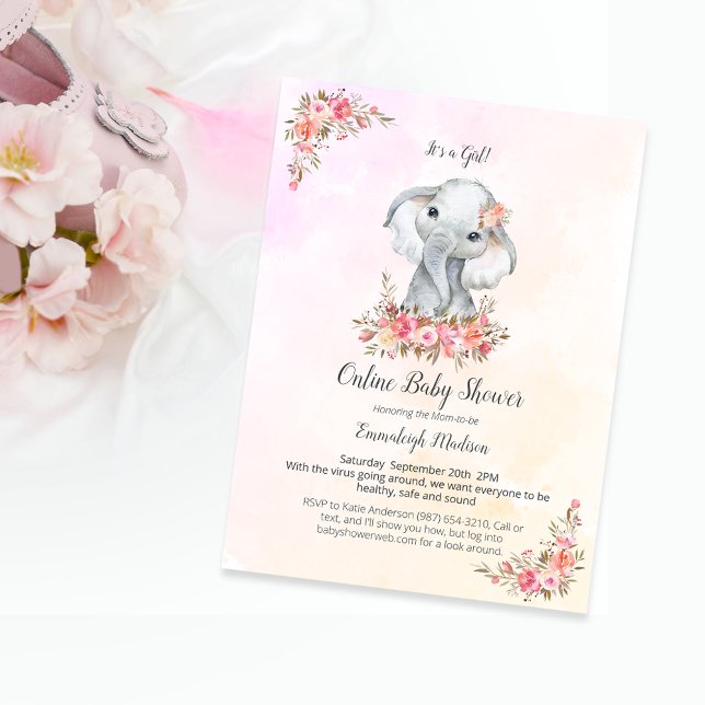 Elephant Online Baby Shower Boho Chic Coral Vykort (Skapare uppladdad)