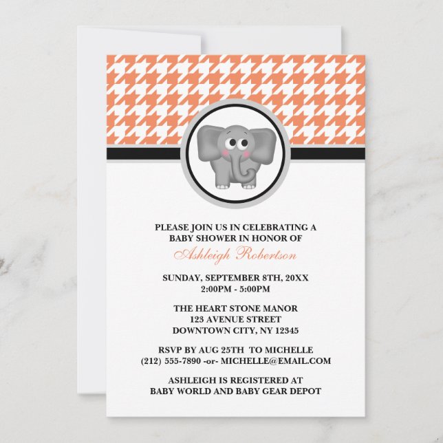 Elephant Orange & White Houndstooth Baby Shower Inbjudningar (Framsida)
