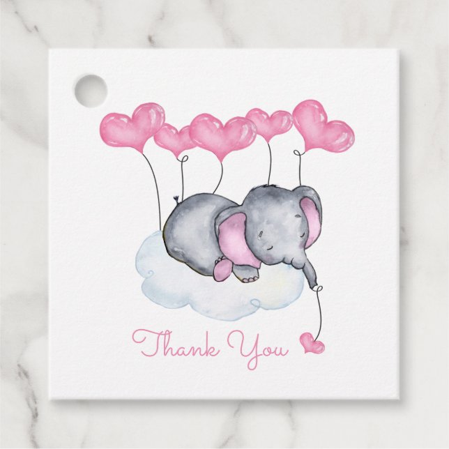 Elephant på Cloud Cute Girl Baby Shower Gåvor Etiketter (Framsida)