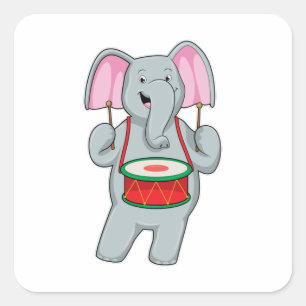 Elephant på Music med Drum Fyrkantigt Klistermärke
