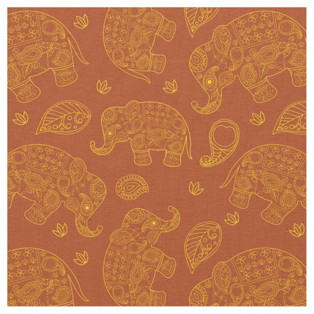 Elephant Paisley Mönster i Guld och Brown Tyg (Närbild)