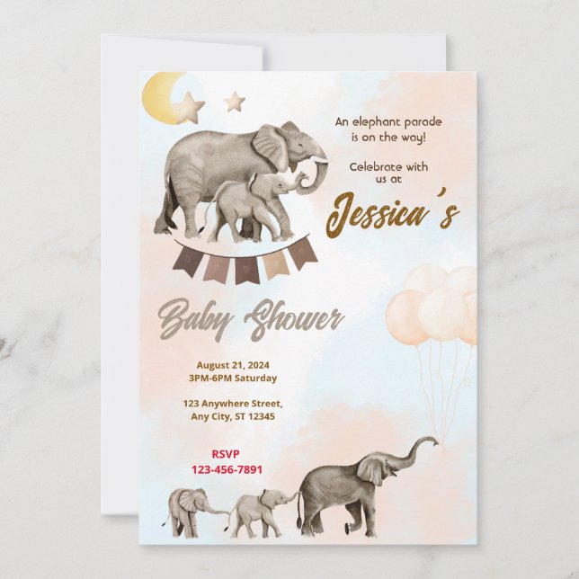 Elephant Parad Baby Shower Inbjudningar (Framsida)