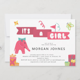 Elephant Party Girl   Inbjudan till babyvisningspr