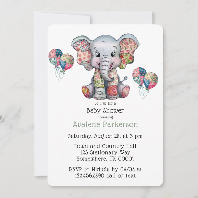 Elephant Patchwork Chic Girl eller Boy Baby Shower Inbjudningar (Framsida)