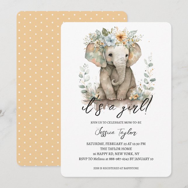 Elephant Peach Blommigt Girl Baby Shower Inbjudningar (Fram/baksida)