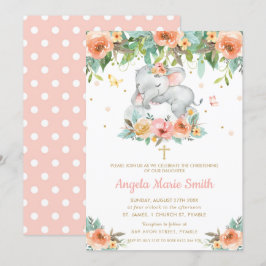 Elephant Peach Rosa Blommigt Baptism Christing Inbjudningar