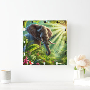 Elephant Permanent Amidst Lush Jungle Foliage Fyrkantig Klocka