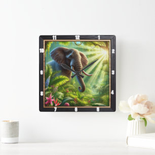 Elephant Permanent Amidst Lush Jungle Foliage Fyrkantig Klocka