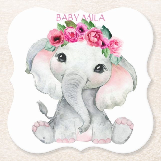 Elephant pink girl baby shower favor underlägg papper (Framsida)