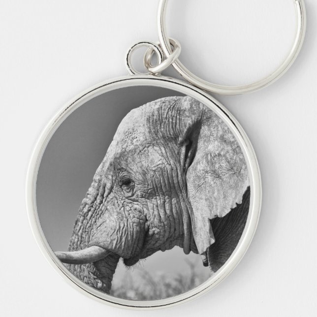 Elephant porträtt rund silverfärgad nyckelring (Framsidan)