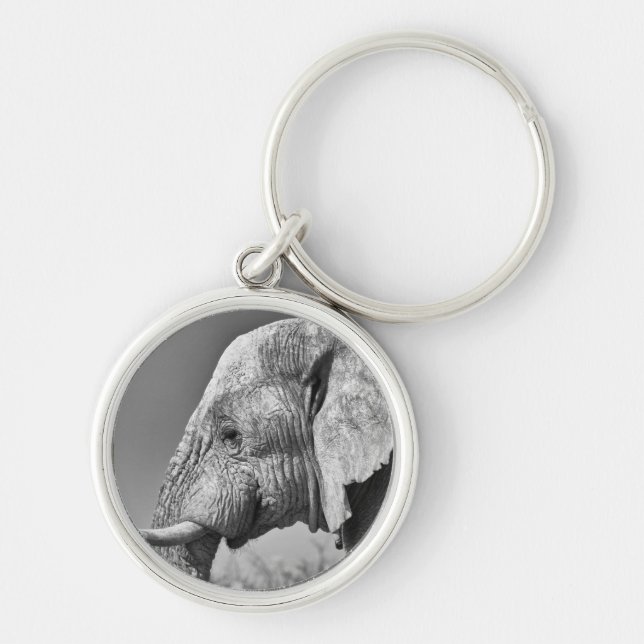 Elephant porträtt rund silverfärgad nyckelring (Framsidan)