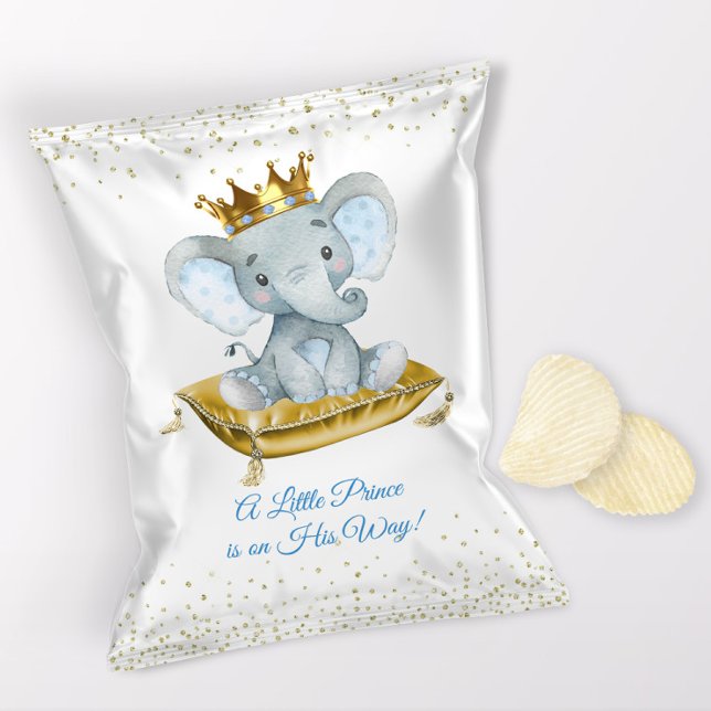 Elephant Prince Baby Shower Chip Bag Wrappers Reklamblad (1 ounce snack bag wrapper flyer. )