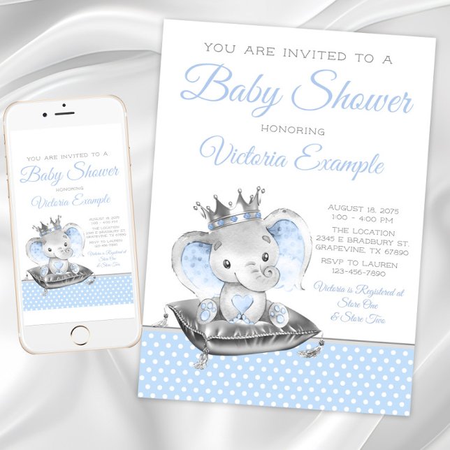Elephant Prince Boy Baby Shower Inbjudningar (Boy elephant prince baby shower invitation. Instant download and printed invitations available.)