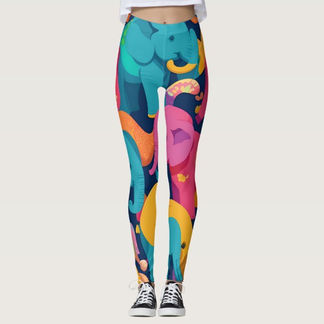 Elephant Rainbow Colorful Personlig Mönster Leggings (Framsida)
