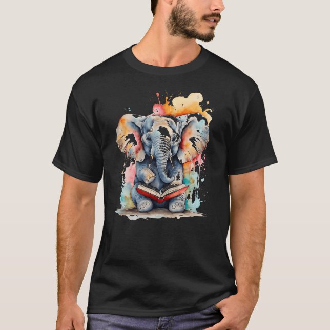 Elephant Reading Book Funny Animal Art Print Graph T Shirt (Framsida)