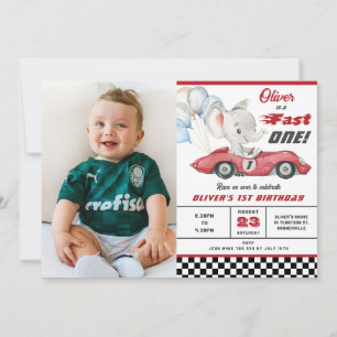 Elephant Red Tävling Car Fast 1 första födelsedag Inbjudningar