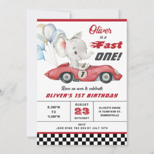 Elephant Red Tävling Car Fast 1 första födelsedag Inbjudningar