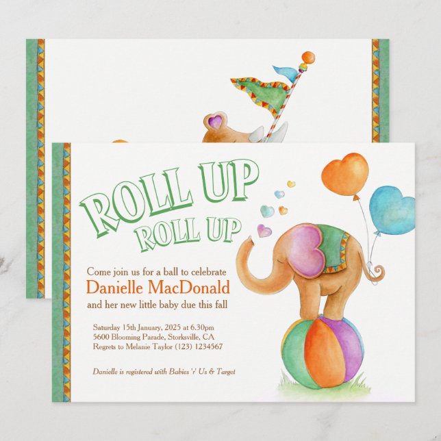 Elephant rhino vattencolor grönt: brun babydusch inbjudningar (Fram/baksida)