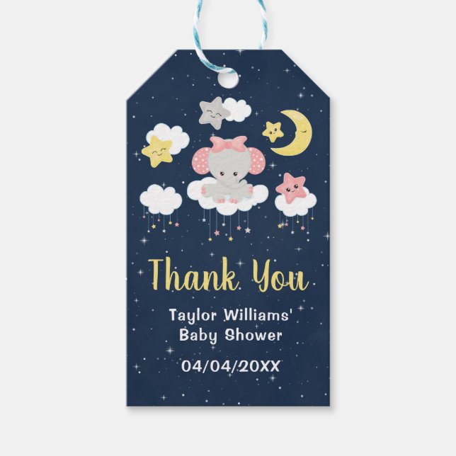 Elephant Rosa and Navy Baby Shower Tack Presentetikett (Framsidan)
