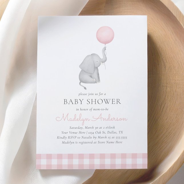 Elephant Rosa Balloon Girl Baby Shower Inbjudningar (Skapare uppladdad)