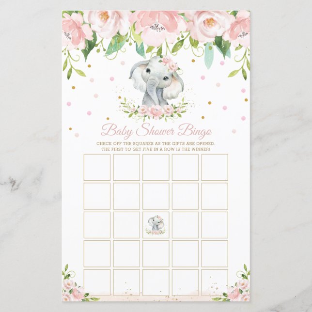 Elephant Rosa Blommigt Baby Shower Bingo Game (Framsida)
