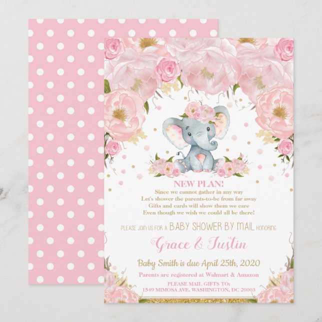 Elephant Rosa Blommigt Baby Shower by Mail Girl Inbjudningar (Fram/baksida)