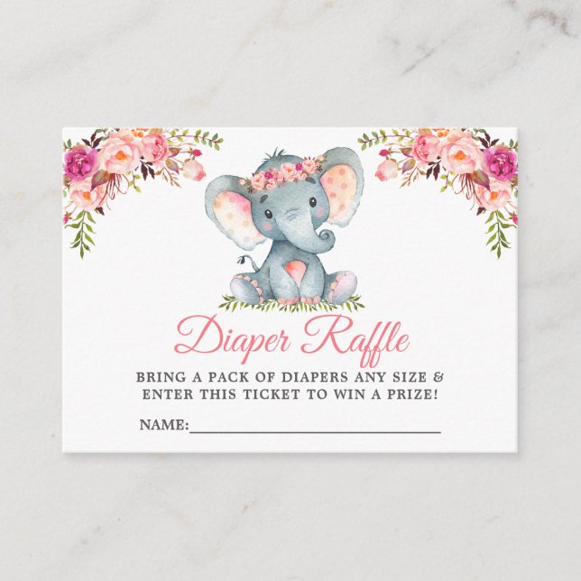 Elephant Rosa Blommigt Baby Shower Diaper Raffle Tilläggskort (Framsida)