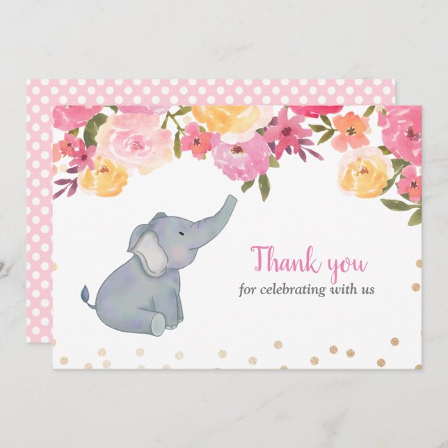Elephant Rosa Blommigt Baby Shower Tack Inbjudningar (Fram/baksida)
