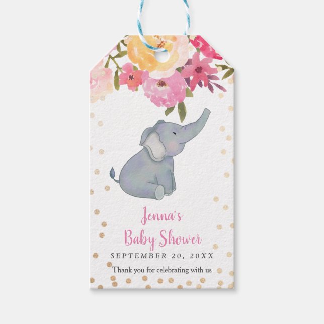 Elephant Rosa Blommigt Baby Shower Tack Presentetikett (Framsidan)