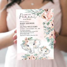 Elephant  Rosa Blommigt Greenery Baby Shower