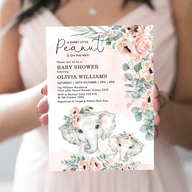 Elephant  Rosa Blommigt Greenery Baby Shower Inbjudningar (Skapare uppladdad)