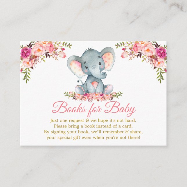 Elephant Rosa Blommigt Guld Bokar for Baby Shower Tilläggskort (Framsida)