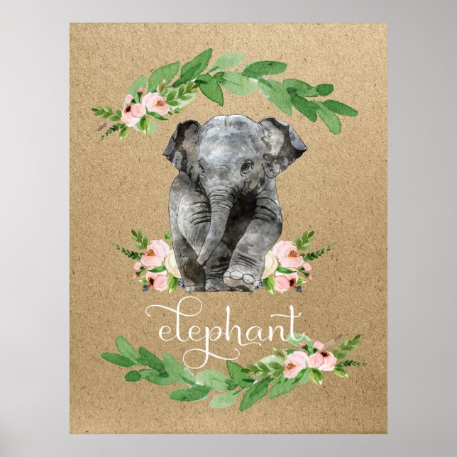 Elephant Rosa Blommigt Nursery Print Poster (Framsidan)